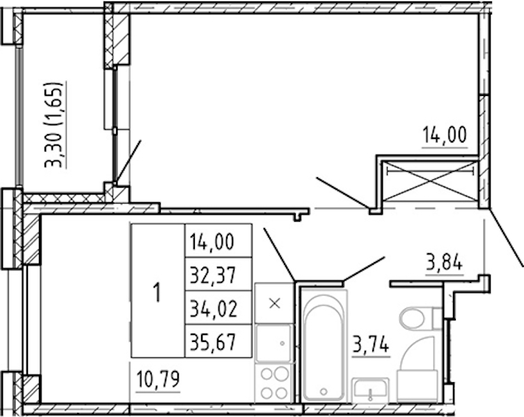 1-комнатная квартира 32.37 м², 4/12 эт., ЖК «Полис Новоселье»